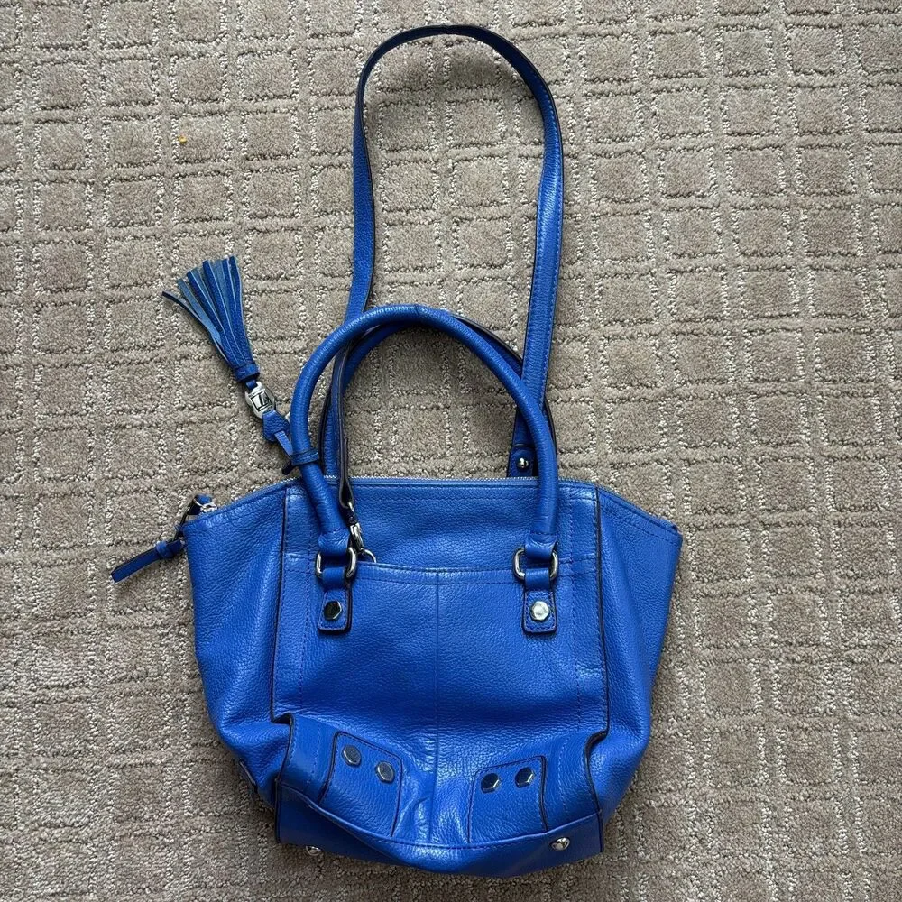 Tignanello Pebbled Leather Blue Satchel Shoulder Bag Crossbody Casual Medium